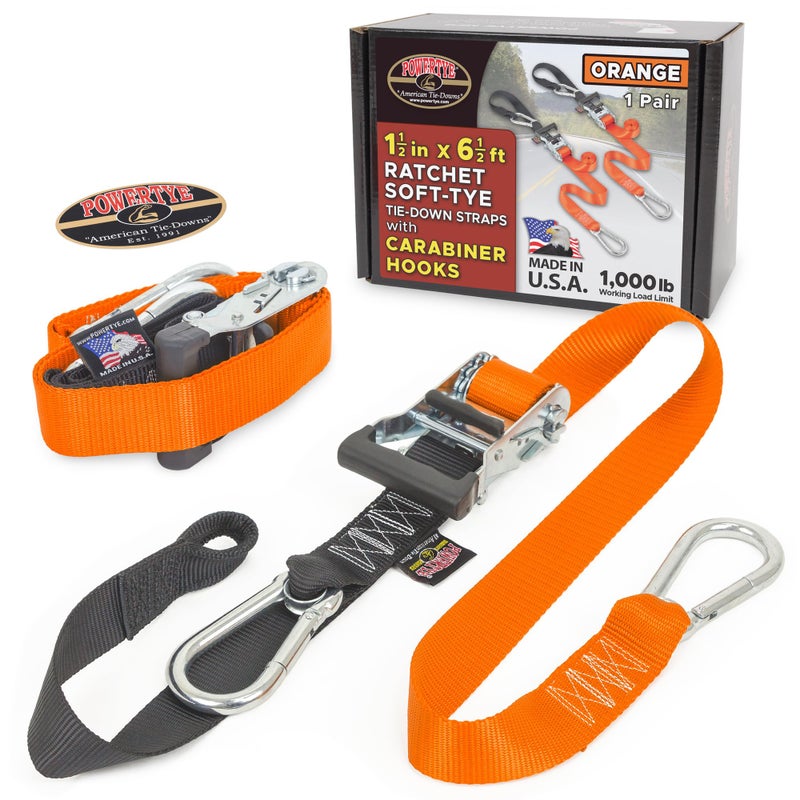 PowerTye 1.5in x 6.5ft Heavy Duty Ratchet Tie-Down Straps with Soft-Tye and Carabiner Hooks - 1,000 lb Working Load Limit / 3,000 lb Breaking Strength - Made in USA - Orange/Black Pair - Image 1